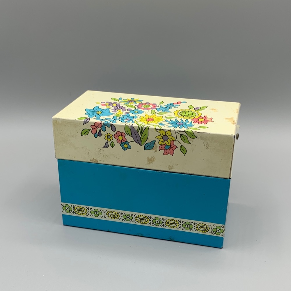 Vintage Turquoise Blue Pink Purple Yellow Green Floral Metal Recipe Card Holder